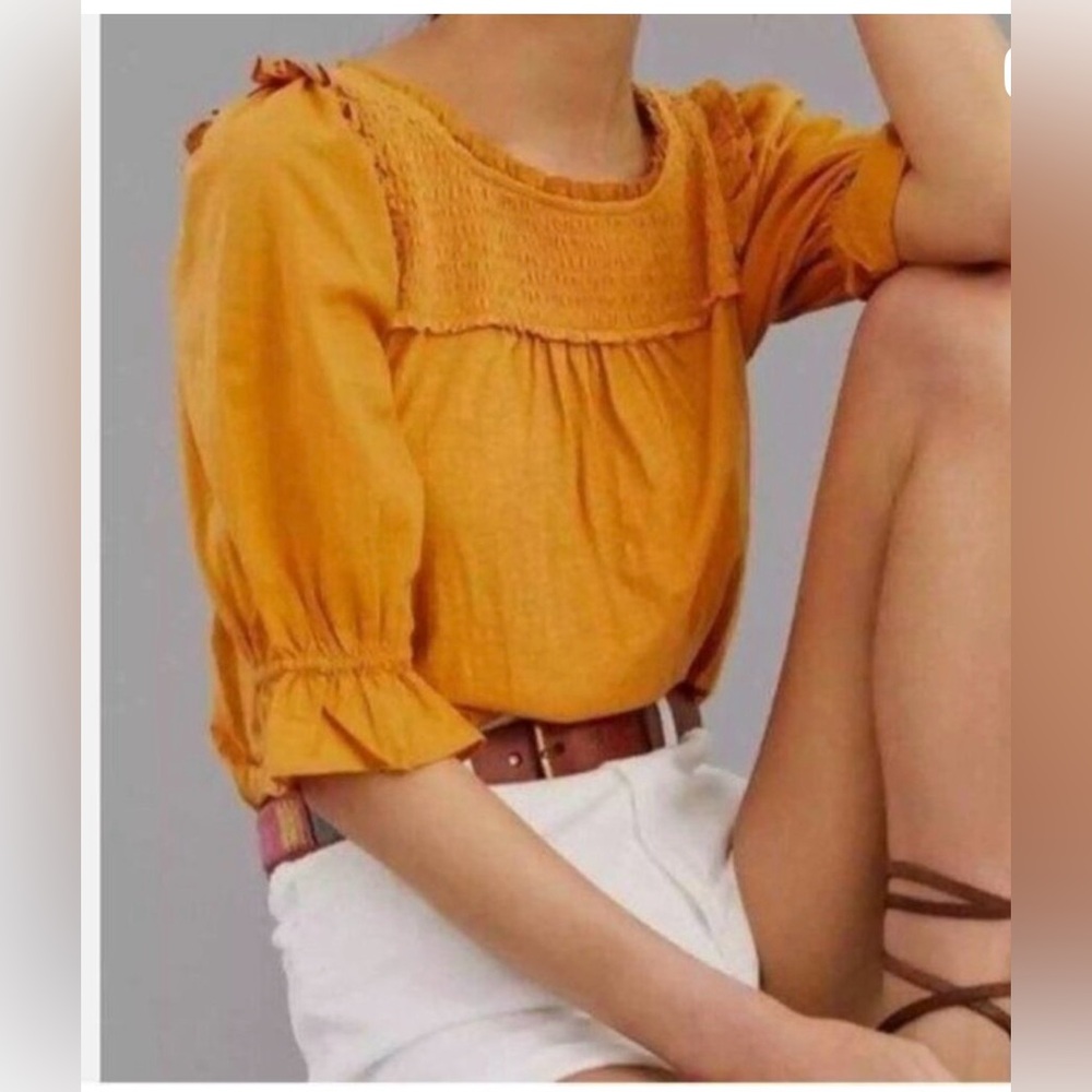Anthropologie Mustard Smocked Yoke Puff Sleeve Blouse